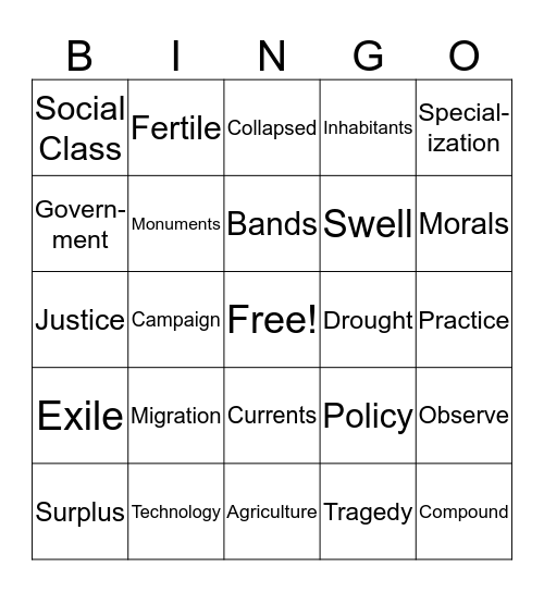 6th Grade Bingo Card