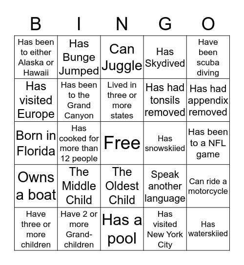 the Centers Bingo Card