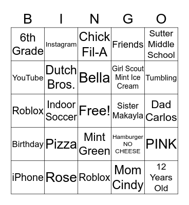 Bella's Birthday Bingo Card