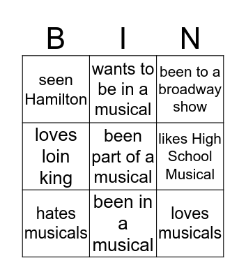 Musical Bingo  Bingo Card