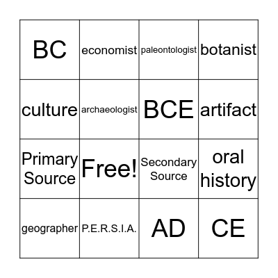 Think Like a Historian Vocabulary Bingo Card