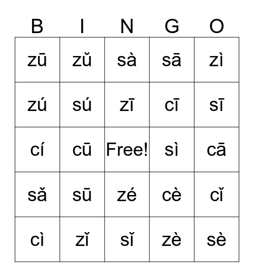 Pinyin Bingo z, c, s Bingo Card