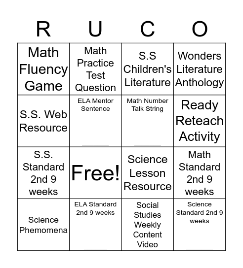Curriculum Corner Bingo Card
