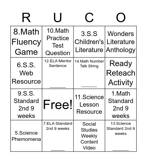 Curriculum Corner Bingo Card