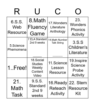 Curriculum Corner Bingo Card