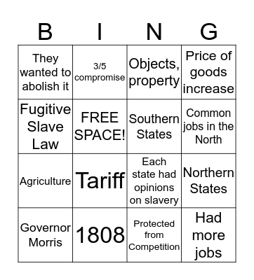 North V South States Bingo Card