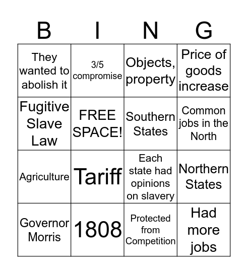 North V South States Bingo Card