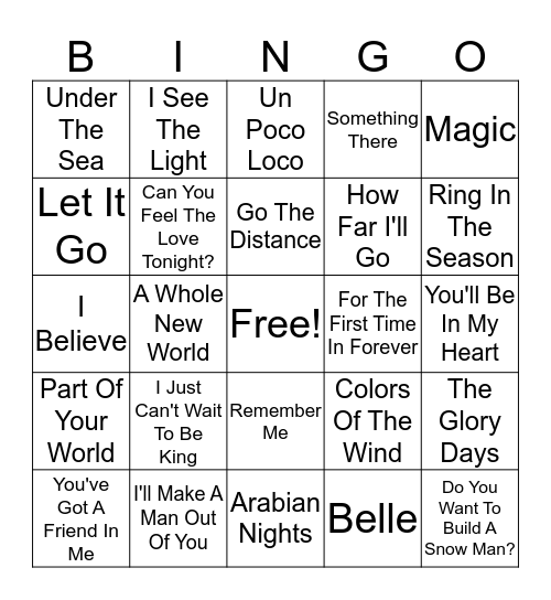 Disney Music Bingo! Bingo Card