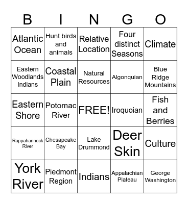Virginia Bingo Card
