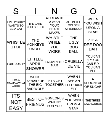 262 DISNEY CLASSICS #1 Bingo Card