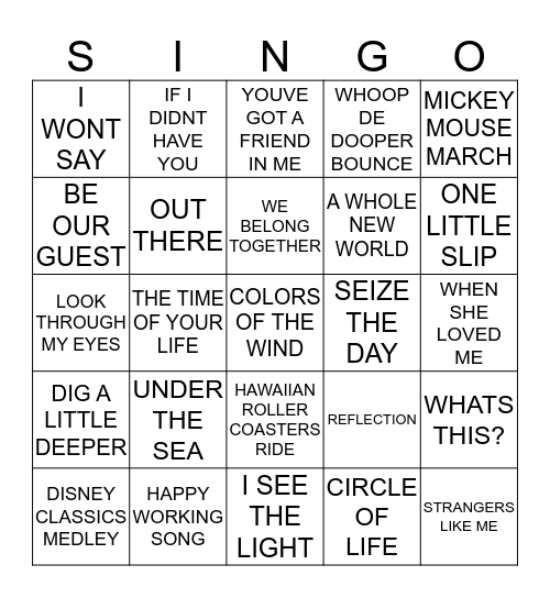 263 DISNEY CLASSICS #2 Bingo Card