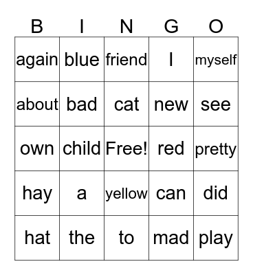 Sight Word Bingo Card
