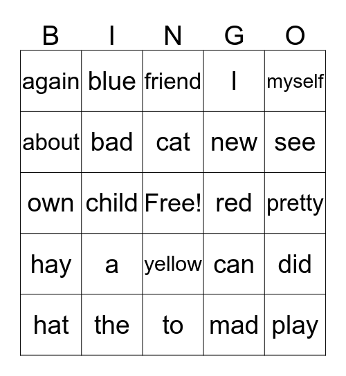 Sight Word Bingo Card