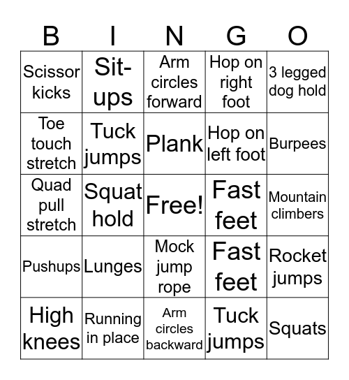 Workout Wednesday  Bingo Card