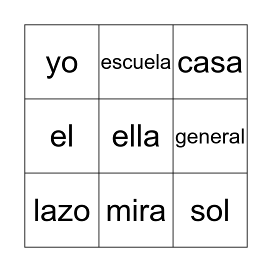 Kindergarten_Palabras Bingo Card