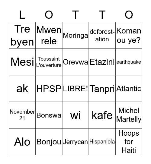Haiti Bingo Card