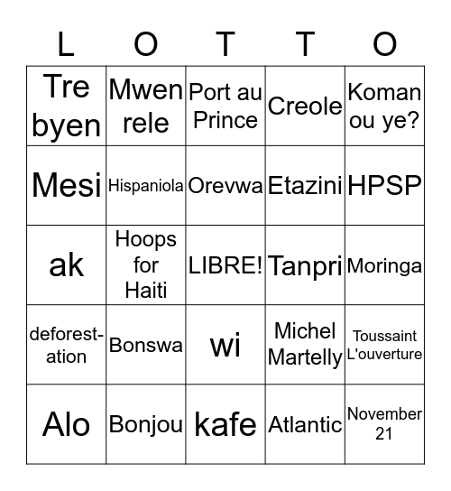 Haiti Bingo Card