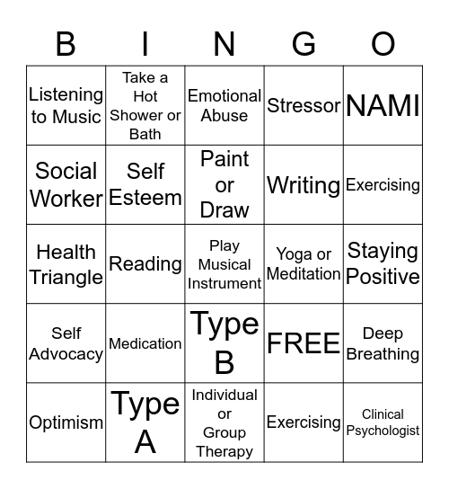 Mental Health Bingo Card