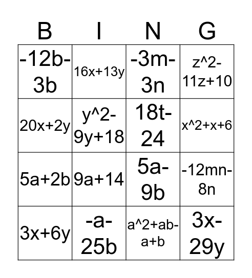 DISTRIBUTIVE PROPERTY Bingo Card