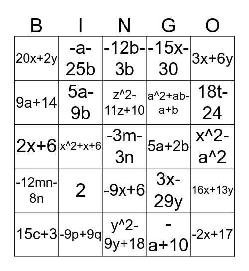 DISTRIBUTIVE PROPERTY Bingo Card