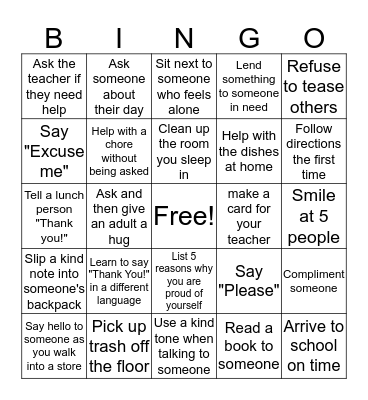 Kindness Game Bingo Card