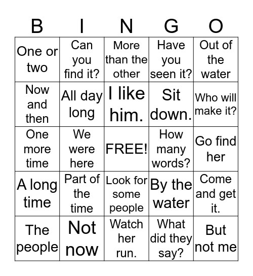 Fluency Phrase Bingo Card
