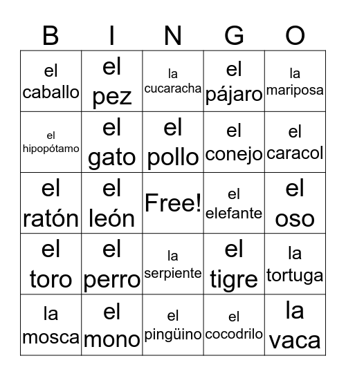 Animals Bingo Card