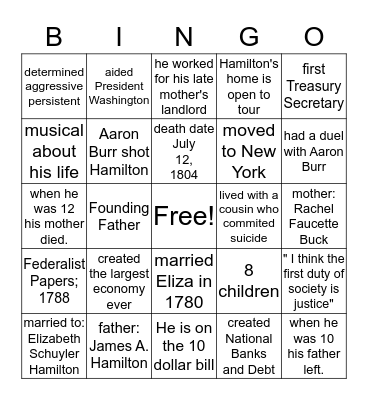 Alexander Hamilton Bingo Card
