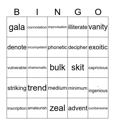 TEOFL Vocabulary Bingo Card