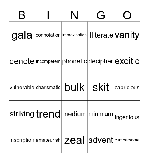 TEOFL Vocabulary Bingo Card