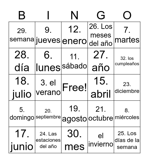 El Tiempo Bingo Card