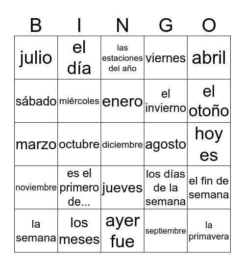 El calendario Bingo Card