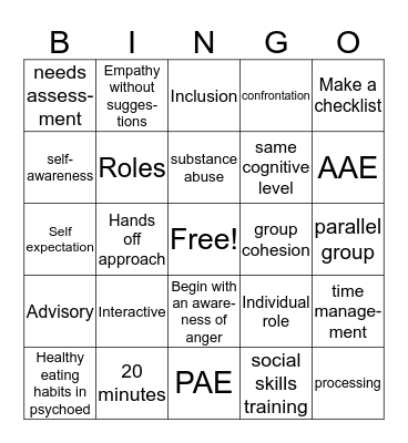 Mental Health Interventions test 1 Bingo Card