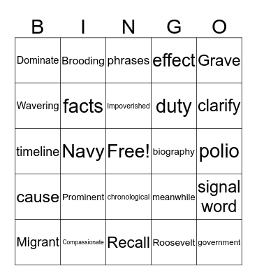 Eleanor Roosevelt Vocabulary  Bingo Card