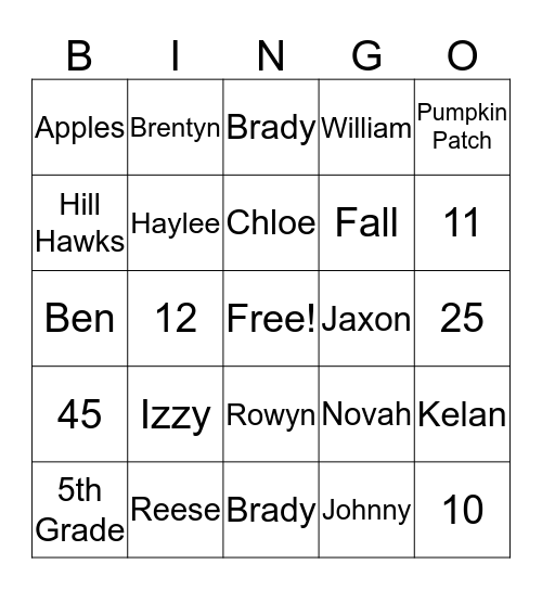 McInerny 5th Grade Fall Party Bingo Card