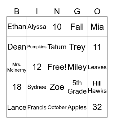McInerny 5th Grade Fall Party Bingo Card