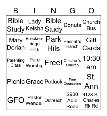 GFO St. Louis Bingo Card