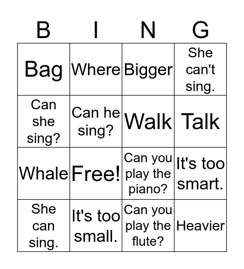 Lesson 7 Listening Bingo Card