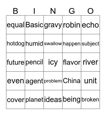 open/ closed syllables Bingo Card