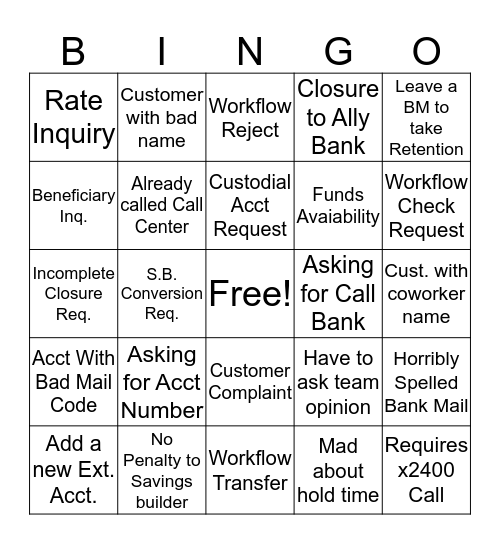 Bank Mail Bingo  Bingo Card