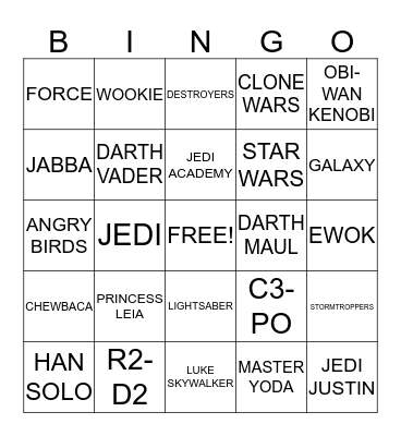 STAR WARS ANGRY BIRDS Bingo Card