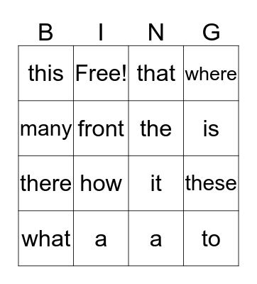 Sight Words Bingo Card