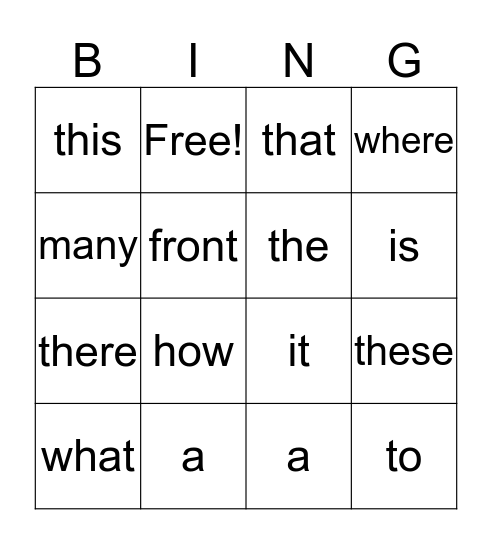 Sight Words Bingo Card