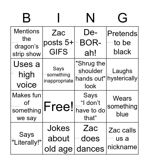Zac's Bingo Card