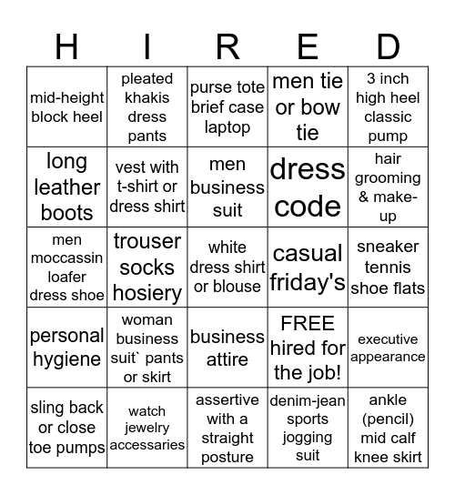 PROFESSIONALISM: APPEARANCE Bingo Card