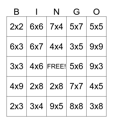 Doubles Bingo (multiplication) Bingo Card