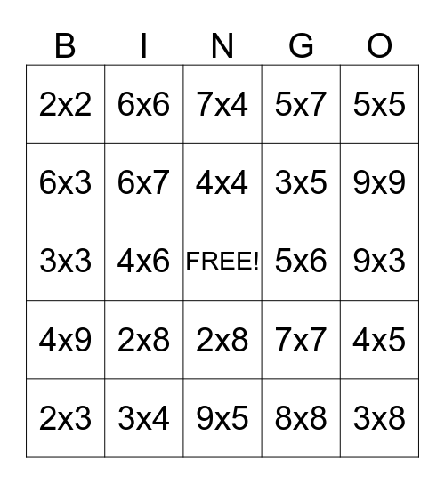 Doubles Bingo (multiplication) Bingo Card