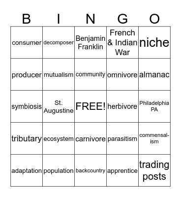 5th grade: Science Unit D, Chap. 1/S.S Chap. 6-7 Bingo Card