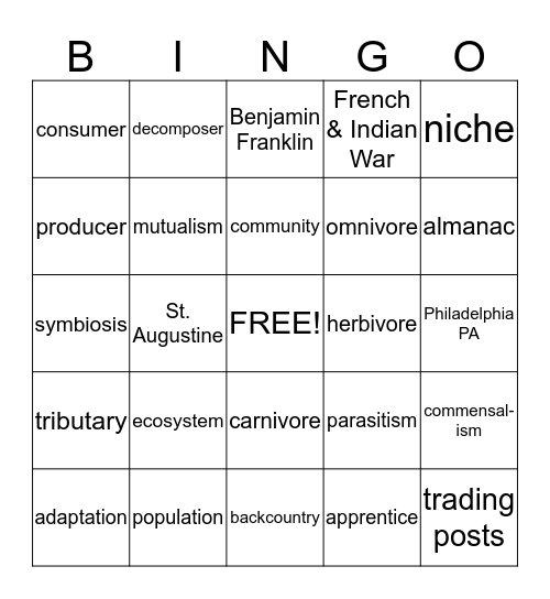 5th grade: Science Unit D, Chap. 1/S.S Chap. 6-7 Bingo Card