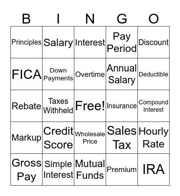 Consumer Math Bingo Card